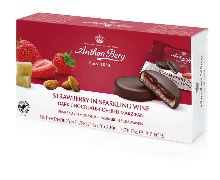 ANTHON BERG Strawberry in Sparkling Wine, martsipanitäidisega šokolaad