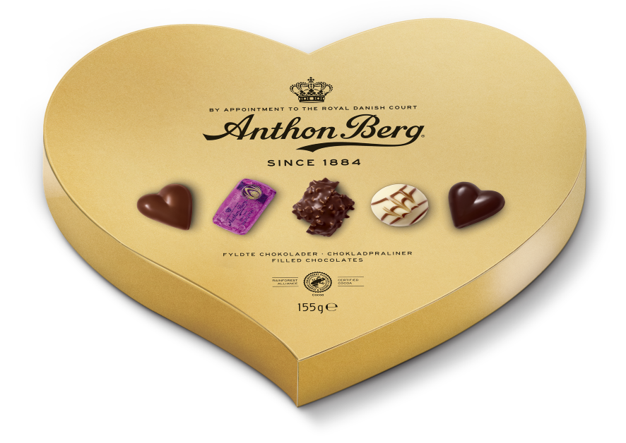 ANTHON BERG Kuldne südamekujuline karp, šokolaadid